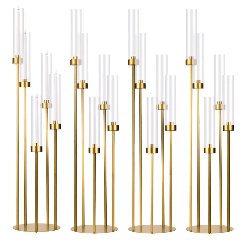 Fullvaseer 5 Arm Candelabra with Acrylic Lampshade Set of 4 Gold Candelabra for Wedding Table Birthday Party Home Decoration 39.4'' Candle Holder Fit LED Taper Candles - Image 1
