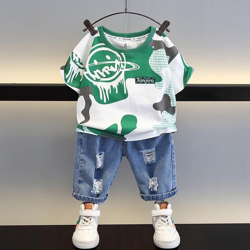 Boys Summer 2023 Cool Short Sleeve Set Green [Coat]]  - Image 1