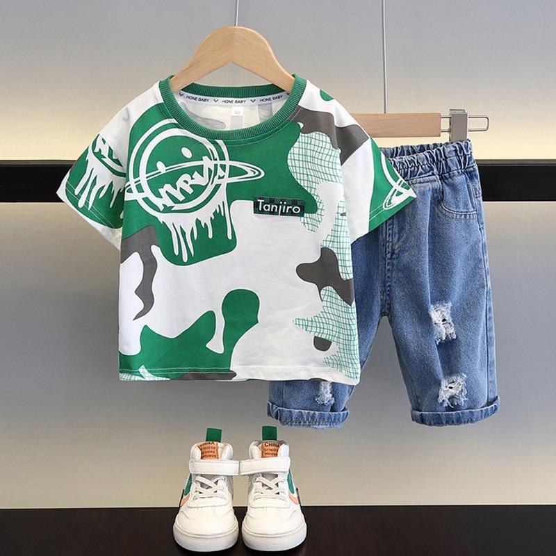 Boys Summer 2023 Cool Short Sleeve Set Green [Coat]]  - Image 3
