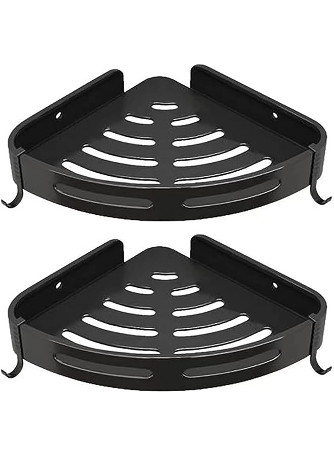 راكسوم زاوية علبة الدش، رف دش زاوية منظم الدش مع 4 خطافات، أرفف دش من الفولاذ المقاوم للصدأ لتخزين الحمام، تأتي مع غراء مجاني ومسامير مثقوبة (أسود) - Image 1