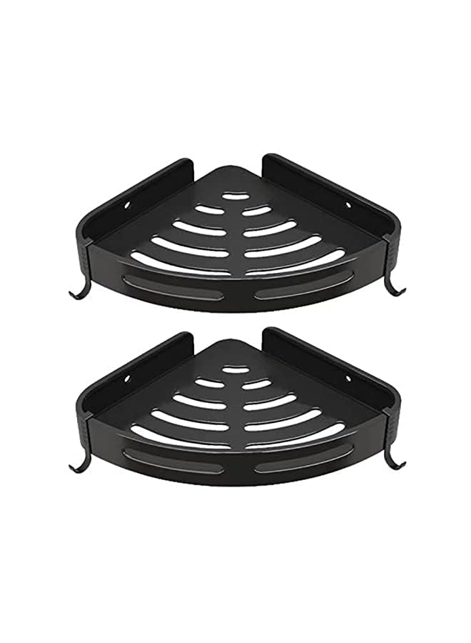 راكسوم زاوية علبة الدش، رف دش زاوية منظم الدش مع 4 خطافات، أرفف دش من الفولاذ المقاوم للصدأ لتخزين الحمام، تأتي مع غراء مجاني ومسامير مثقوبة (أسود) - Image 2