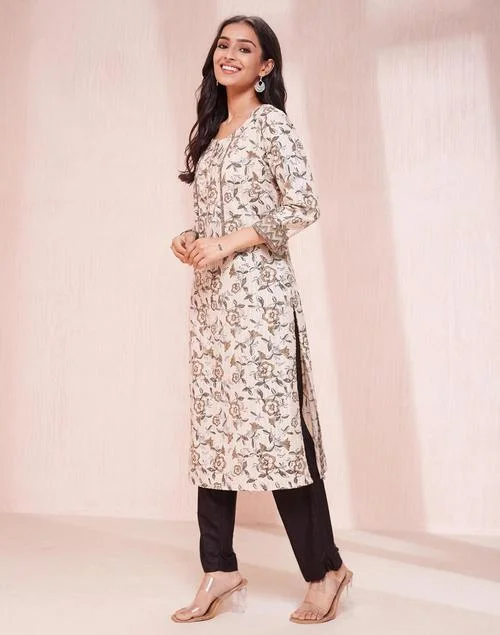 Fabindia  Beige Cotton Hand Block Printed Long Kurta for Women | Best Price UAE