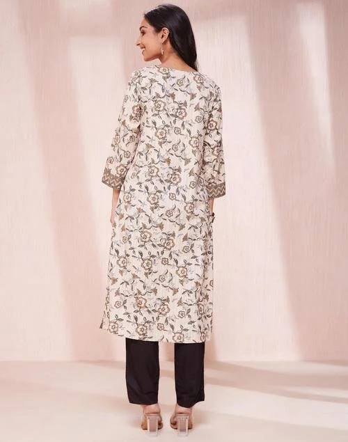 Fabindia  Beige Cotton Hand Block Printed Long Kurta for Women | Best Price UAE