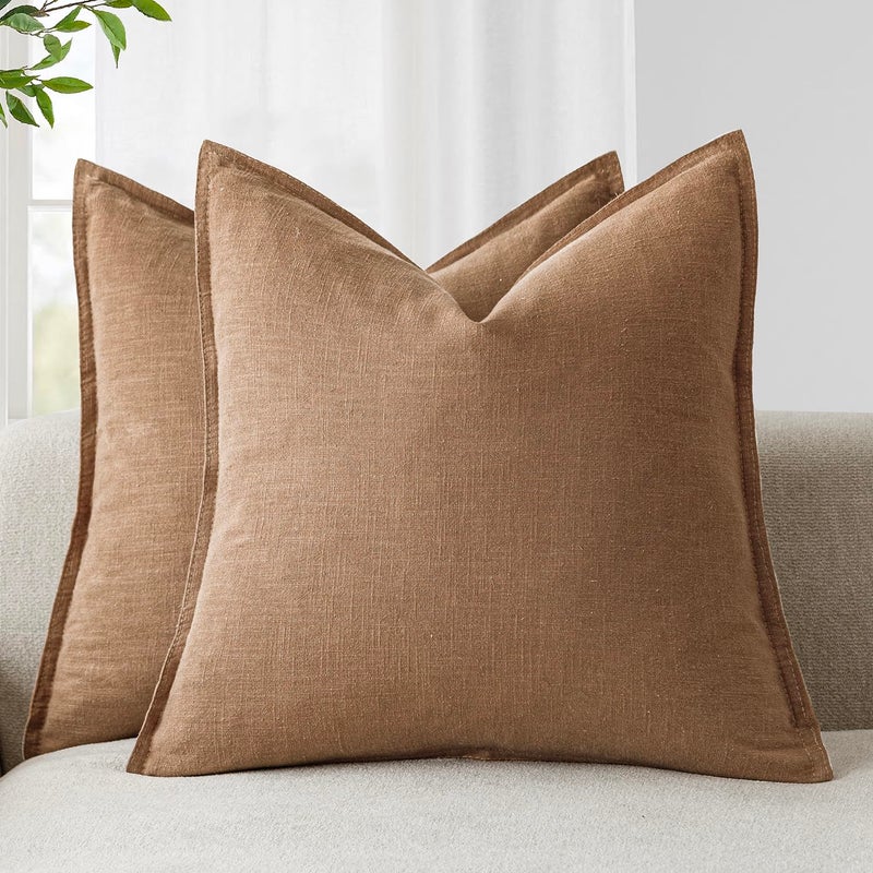 Foindtower Pack of 2  Decorative Linen Soild Throw Pillow Covers Soft Accent Cushion Case Boho Farmhouse Pillowcase for Chair Couch Sofa Bedroom Living Room Home Decor 16 x 16 Inch Light Khaki Brown - Image 1