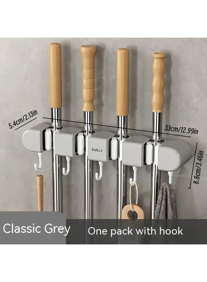Gray 4 Card Position Mop Hanger Wall Mounted Punch Free Organizer With Clips - Image 1