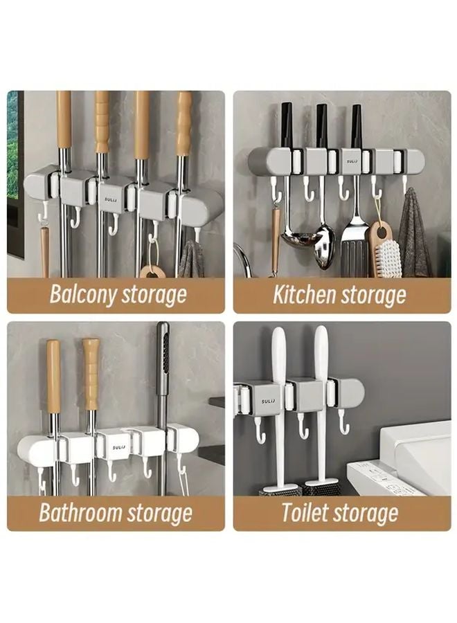 Gray 4 Card Position Mop Hanger Wall Mounted Punch Free Organizer With Clips - Image 3