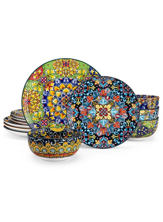 vancasso 12 Pieces Dinnerware Sets, Plates and Bowls Set, Porcelain Dishes Set for 4, Microwave and Dishwasher Safe, Scratch Resistant, Bohemian Style Dining Ware Service for 4, Series SIMI - Image 1