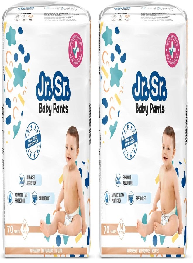 Jr. Sr. Baby Diaper Pants | Medium (M) Size (7-12 kg), 70 Count | Pack of 2 | Upto 12 hr Absorption with Advanced Leak Protection | Safe For Babies Skin | Soft, Secure & Comfy