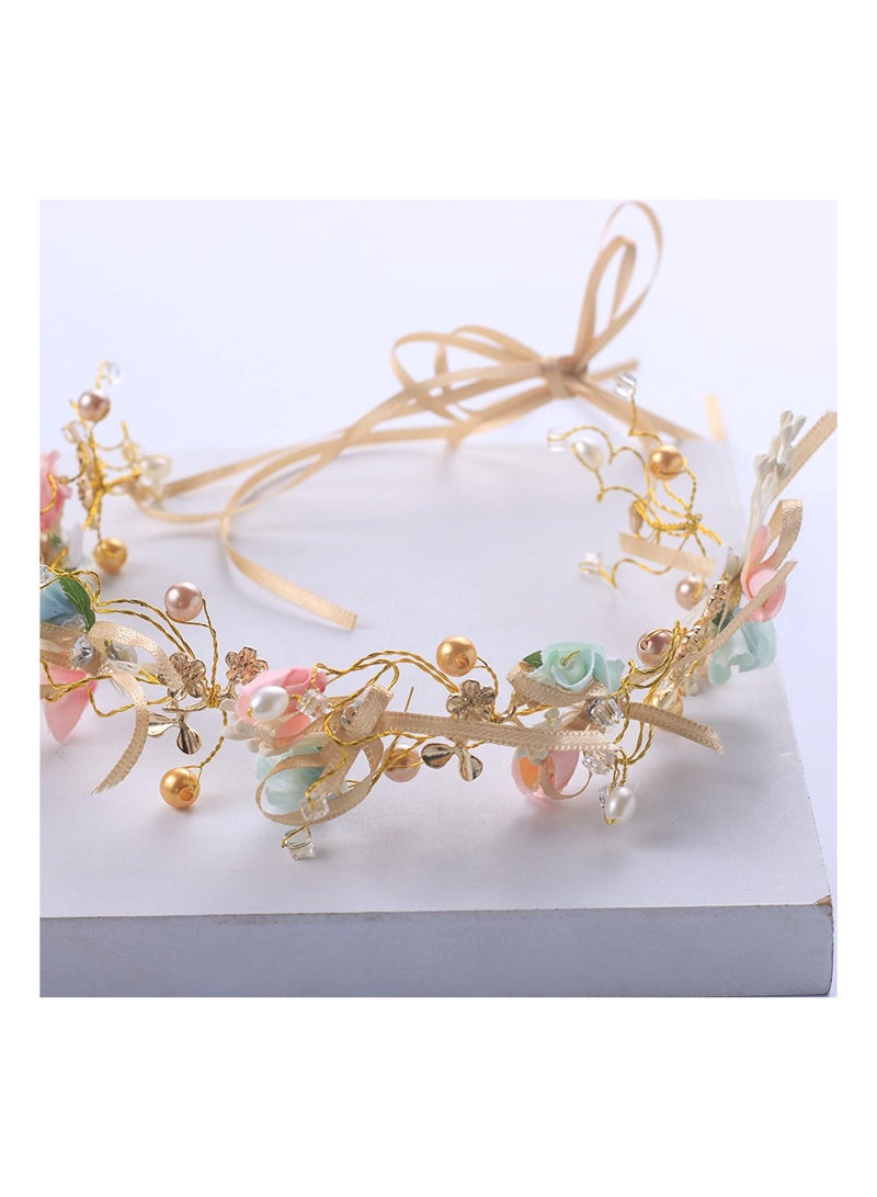 1 item Flower Crown Headband, Handmade Bridal Wreath Bow Headband Bridesmaid Kids Crown Hair Wreath Crown Tiara, Adjustable Ribbon Wedding Holiday Party Cosplay - Image 2