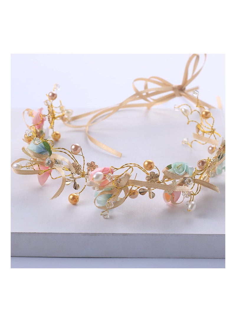 1 item Flower Crown Headband, Handmade Bridal Wreath Bow Headband Bridesmaid Kids Crown Hair Wreath Crown Tiara, Adjustable Ribbon Wedding Holiday Party Cosplay - Image 3