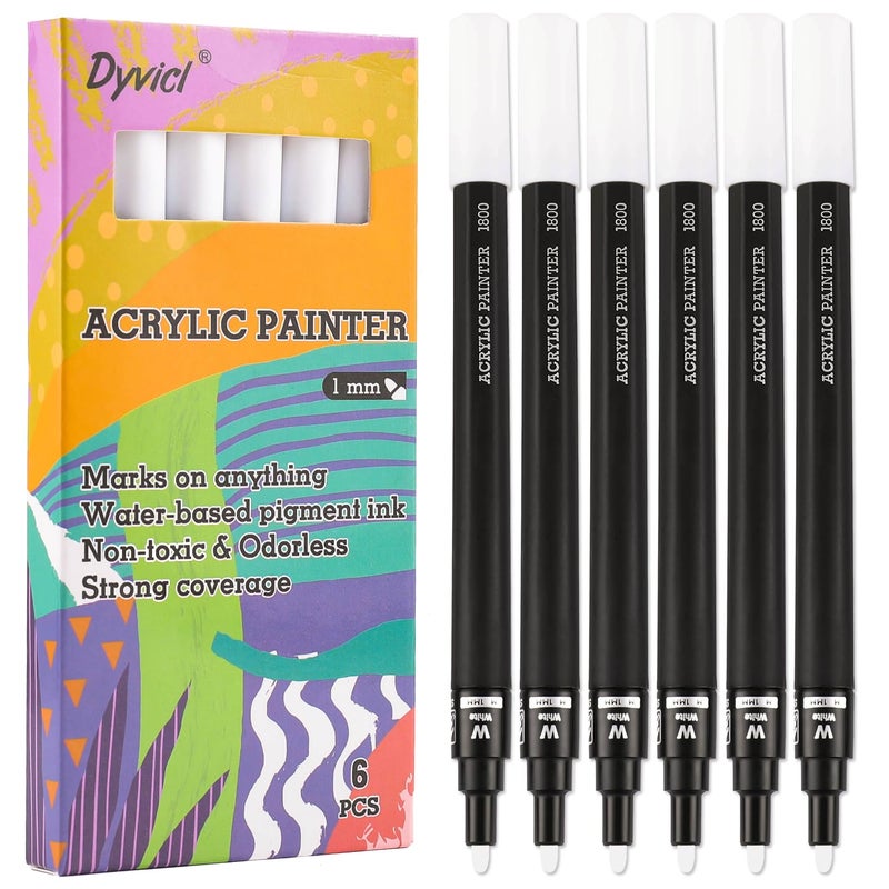 Dyvicl White Paint Pens Fine Point Acrylic White Paint Markers for Rock Painting Stone Ceramic Glass Wood Fabric Canvas Metal DIY Crafts Making 6 Pack