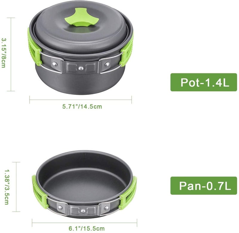 Hari Camping Cookware Set Hard Aluminum Foldable Backpacking Camping Pots And Frying Pans Cooking Camp Kitchen Camping Mess Kit Eco-Friendly Cooker Set For 2 Person (Green) - Image 2
