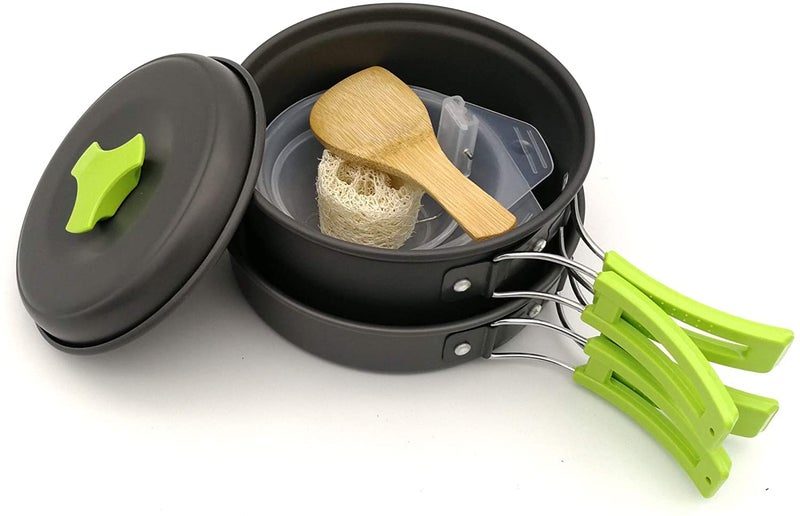 Hari Camping Cookware Set Hard Aluminum Foldable Backpacking Camping Pots And Frying Pans Cooking Camp Kitchen Camping Mess Kit Eco-Friendly Cooker Set For 2 Person (Green) - Image 5