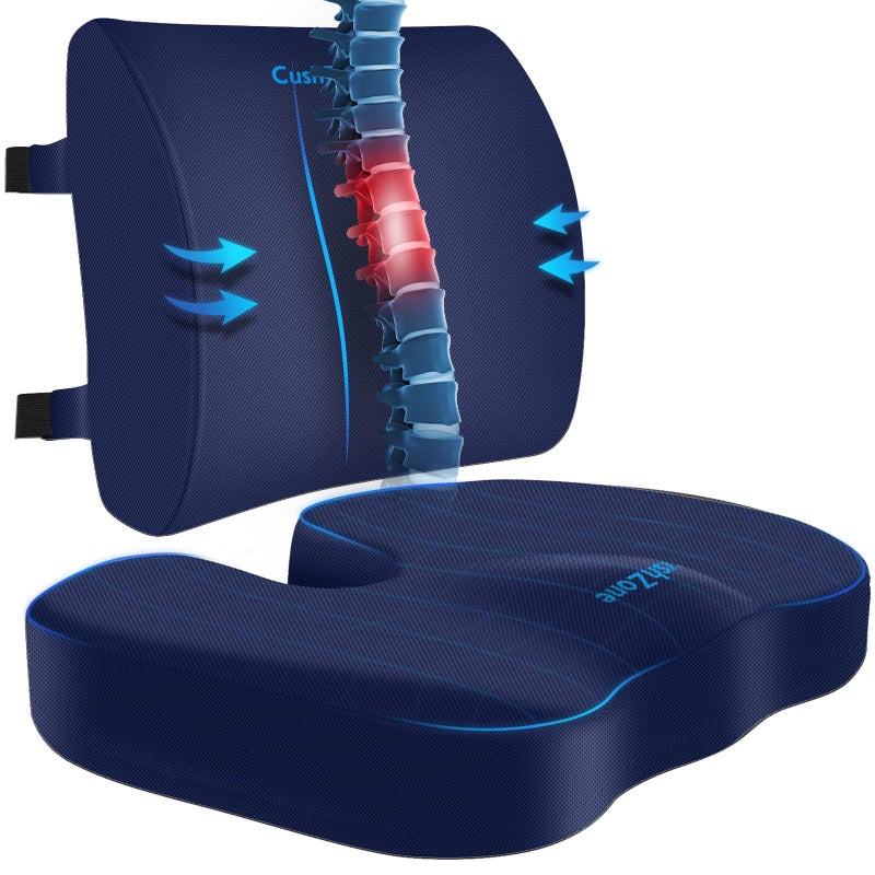 CushZone Seat Cushion Lumbar Support Pillow with Adjustable StrapChair Cushions for Sciatica Pain Reliefwith Washable Cover Memory Foam for Car Travel and WheelchairBlue XLarge