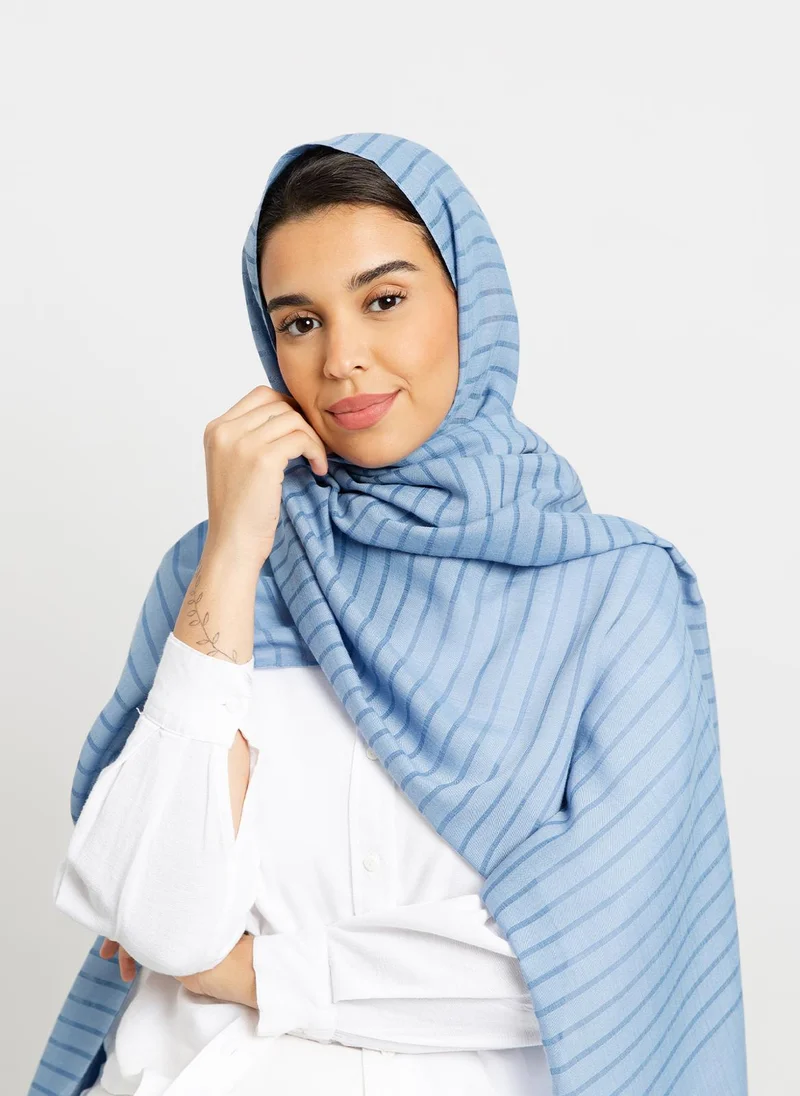 Kaafmeem Sky Blue - Cotton Striped Tarha