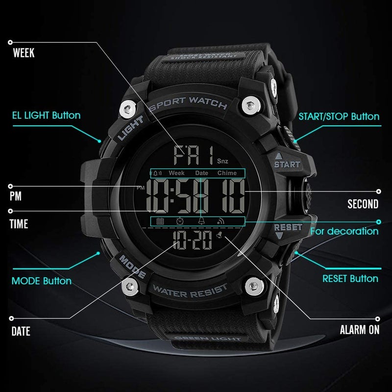 Men's Rubber Strap Digital Wrist Watch 1384 - 55 mm - Black - Image 3