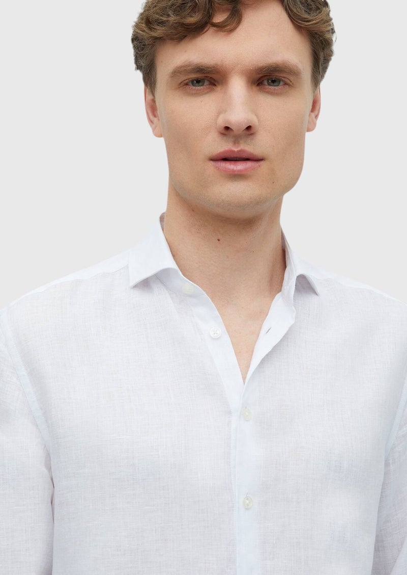 RAMSEY White Plain Casual Fit Long Weaving Casual 100% Linen Shirt - Image 5