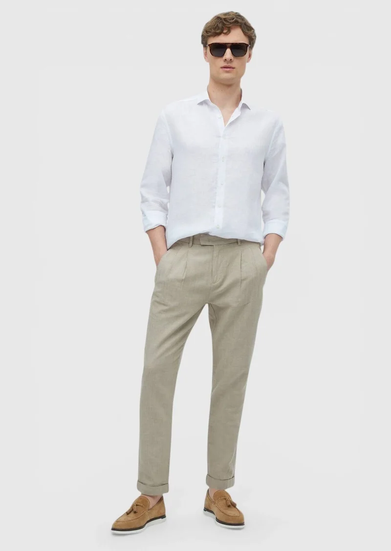 RAMSEY White Plain Casual Fit Long Weaving Casual 100% Linen Shirt