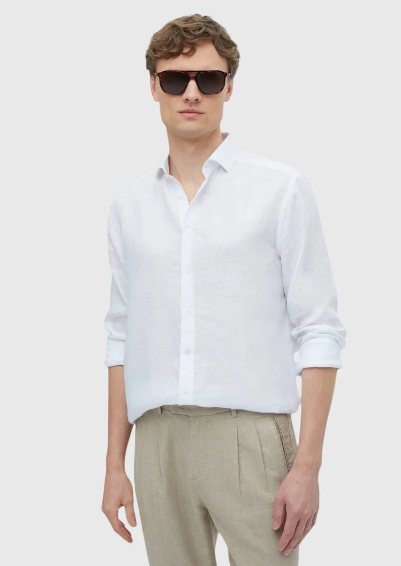 RAMSEY White Plain Casual Fit Long Weaving Casual 100% Linen Shirt