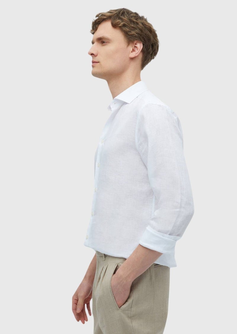 RAMSEY White Plain Casual Fit Long Weaving Casual 100% Linen Shirt - Image 4