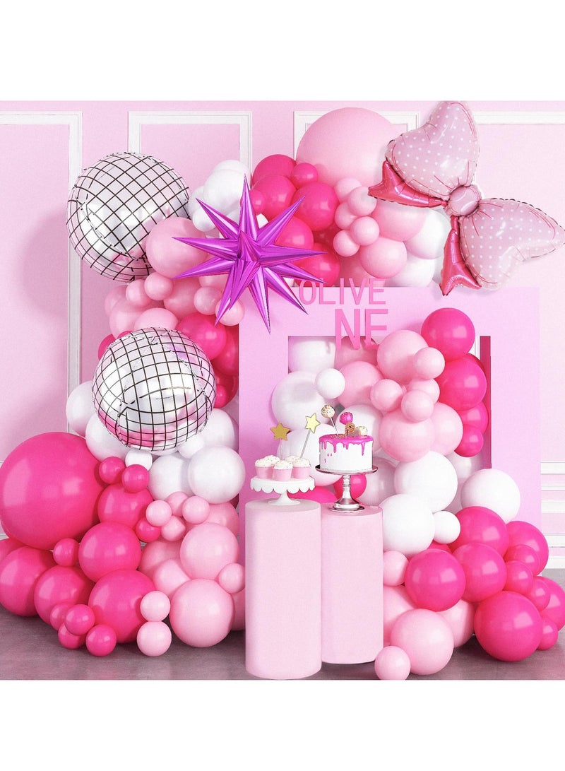 KASTWAVE Pink Balloon Arch Kit, Princess Hot Pink White Balloon Garland with Disco Ball Bow Balloons Magenta Pink Latex Helium Balloons Set with Pink Explosion Star Foil Balloons for Girls Birthday Party Decor - Image 1