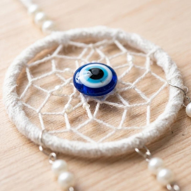 Dream Catcher Car Hanger, White, with Feathers and Beads and Evil Eye, Bohemian Decor - Image 2