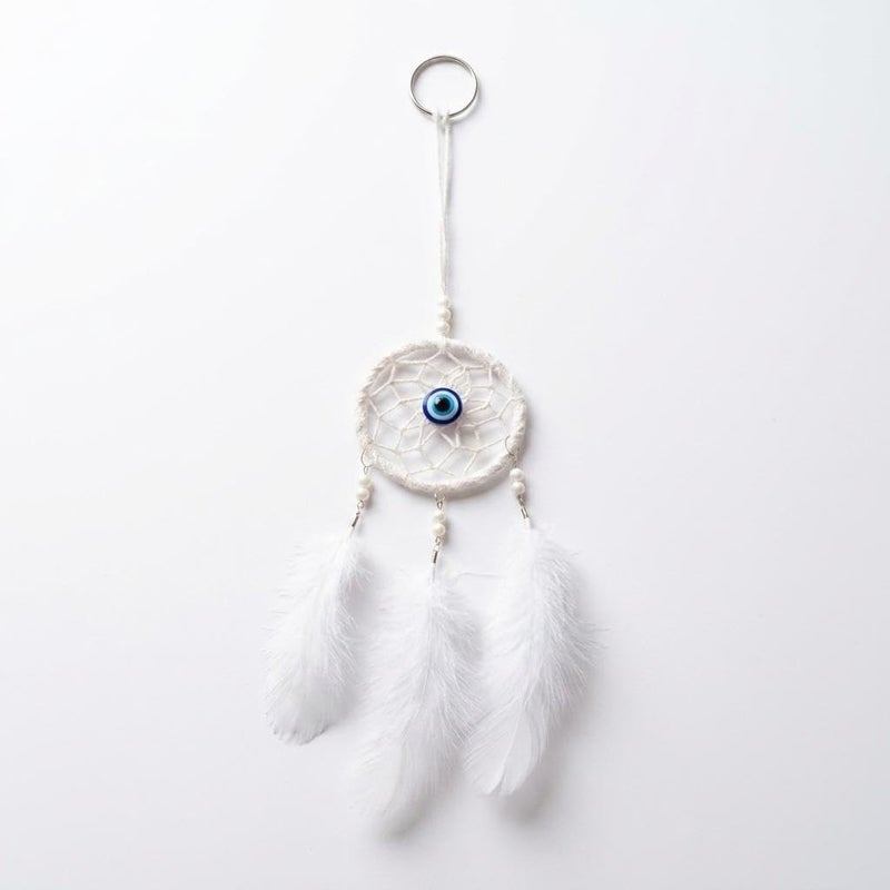 Dream Catcher Car Hanger, White, with Feathers and Beads and Evil Eye, Bohemian Decor - Image 1
