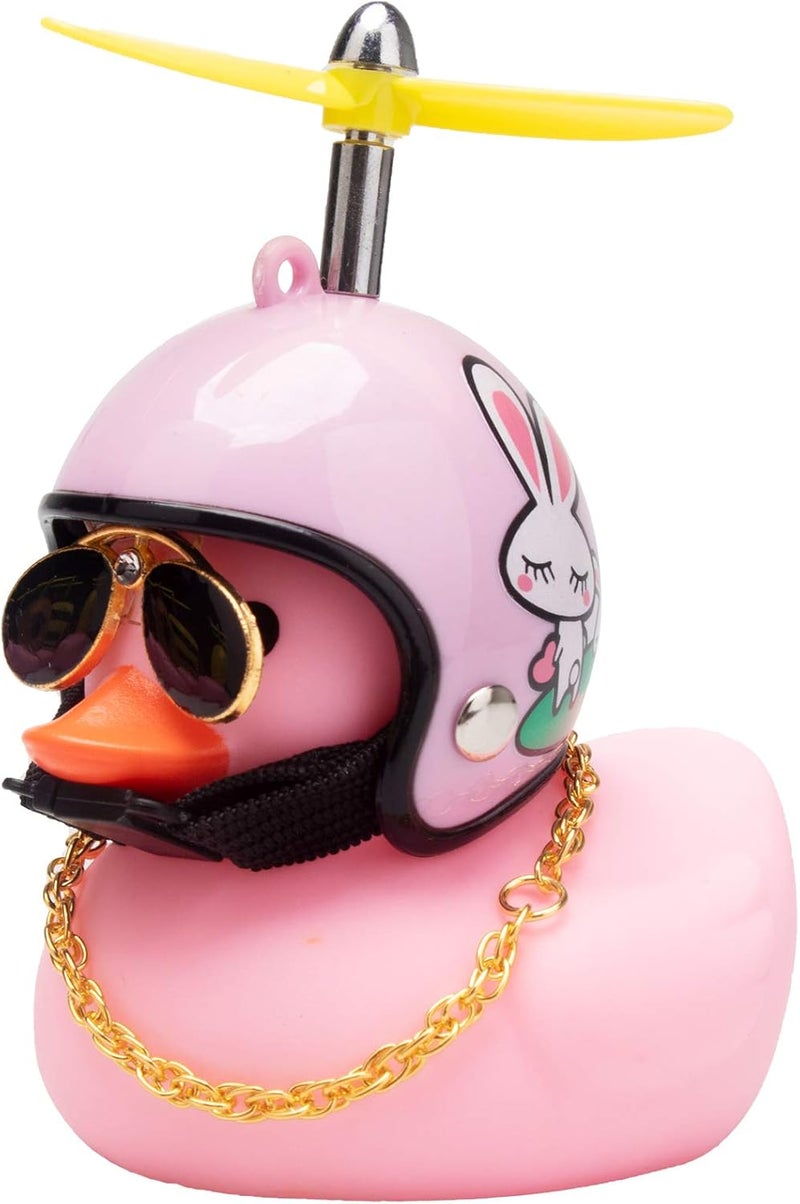 wonuu Pink Duck Car Dashboard Decorations Rubber Duck Car Ornaments Cool Duck with Propeller Helmet Sunglasses Gold Chain - Image 1