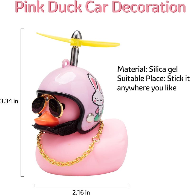 wonuu Pink Duck Car Dashboard Decorations Rubber Duck Car Ornaments Cool Duck with Propeller Helmet Sunglasses Gold Chain - Image 4