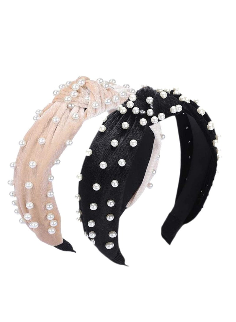 2PCS Fashionable Wide Headbands for Women, Bow Knotted Elastic Hair Accessories for Yoga and Daily Wear - Comfortable and Non-Slip (Black Pearl, Beige Pearl) - Image 1
