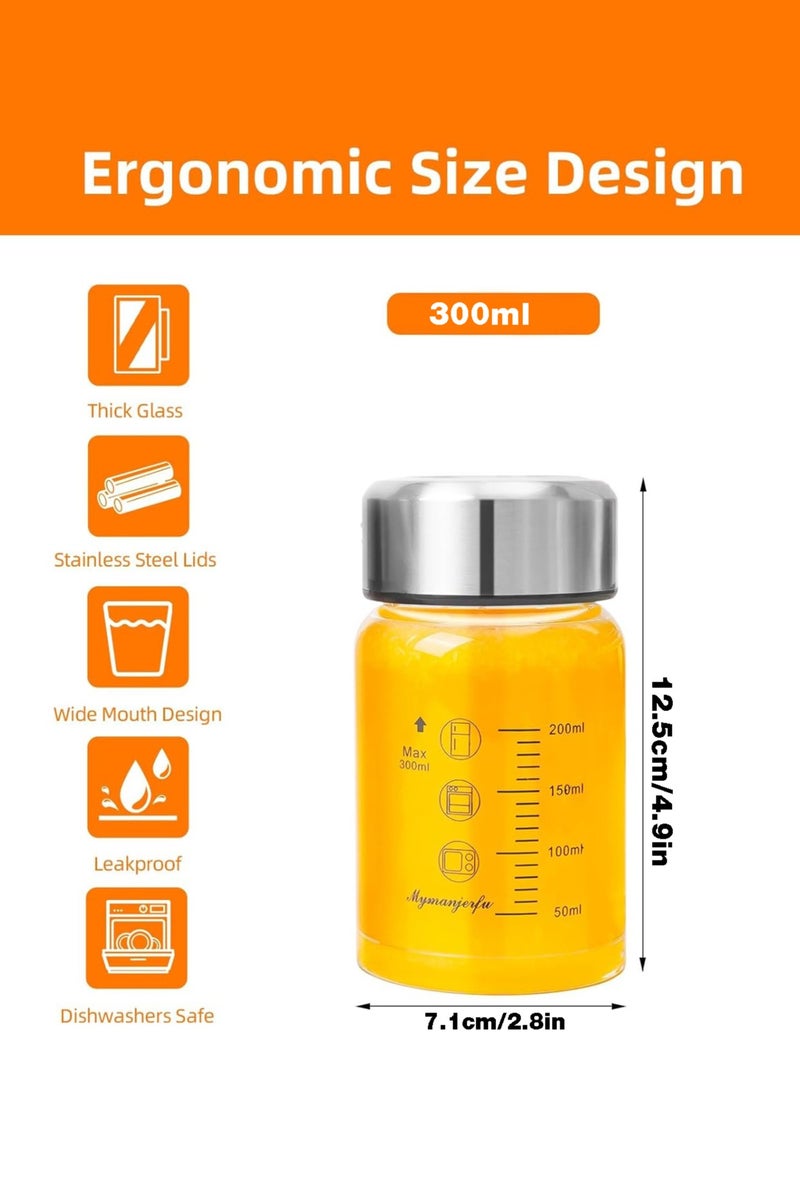 مايمانجيرفو زجاجات عصير زجاجية 4 عبوات 300 مل - زجاجات مياه زجاجية واسعة الفم مع أغطية - للعصير والعصائر والحليب والبروتين وخالية من BPA وقابلة لإعادة الاستخدام وأغطية من الفولاذ المقاوم للصدأ ومقاومة للتسرب وزجاجة شاكر - Image 2