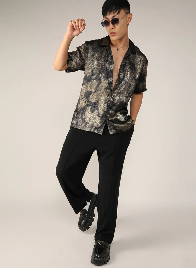 CAHOOT  Men's Midnight Black & Metallic Gold Metallic Ombre Shirt For Casual Wear | Cuban Collar | Short Sleeve | Button Closure | Shirt Crafted With Comfort Fit For Everyday Wear for Men | Best Price UAE