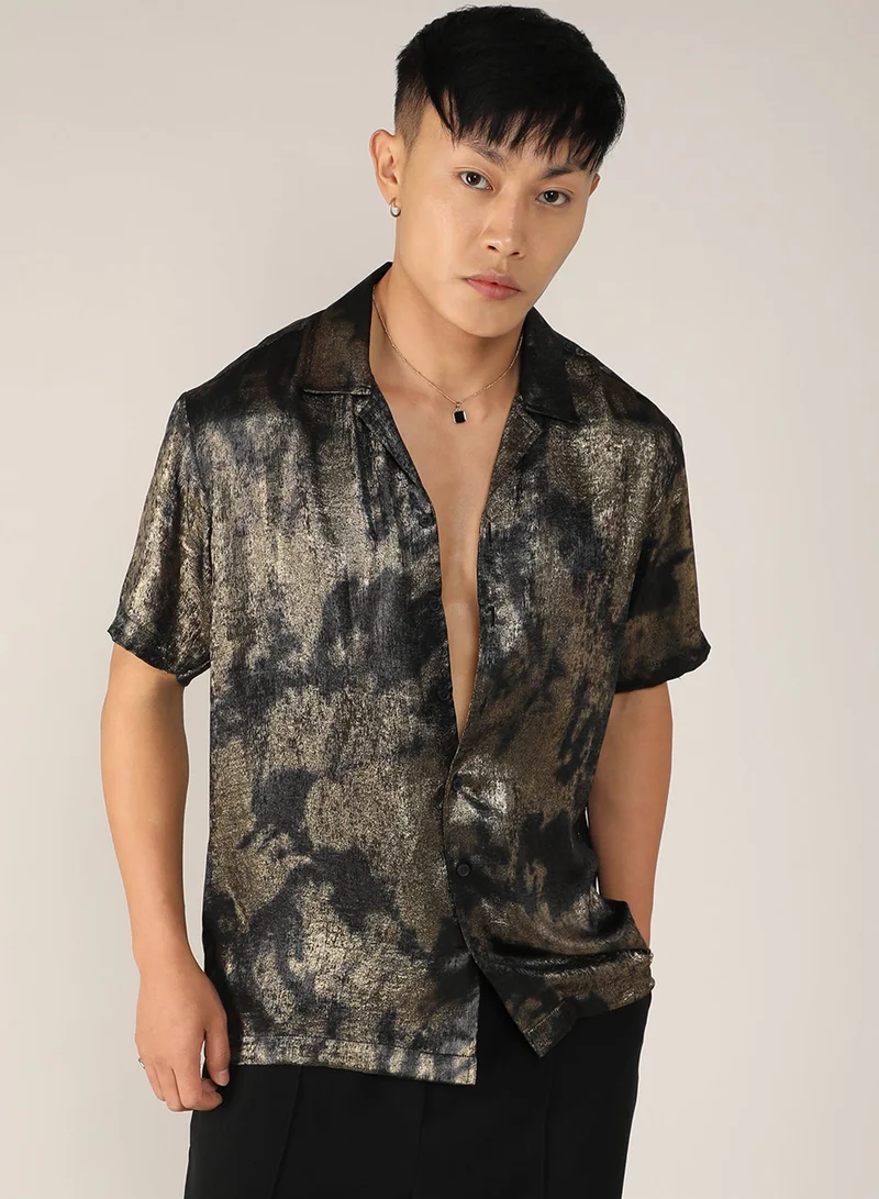 Men's Midnight Black & Metallic Gold Metallic Ombre Shirt For Casual Wear | Cuban Collar | Short Sleeve | Button Closure | Shirt Crafted With Comfort Fit For Everyday Wear