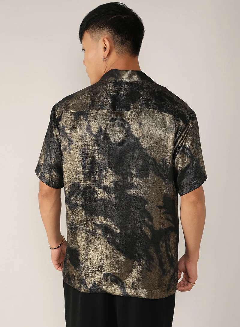 CAHOOT  Men's Midnight Black & Metallic Gold Metallic Ombre Shirt For Casual Wear | Cuban Collar | Short Sleeve | Button Closure | Shirt Crafted With Comfort Fit For Everyday Wear for Men | Best Price UAE