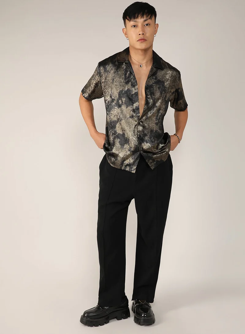 CAHOOT  Men's Midnight Black & Metallic Gold Metallic Ombre Shirt For Casual Wear | Cuban Collar | Short Sleeve | Button Closure | Shirt Crafted With Comfort Fit For Everyday Wear for Men | Best Price UAE