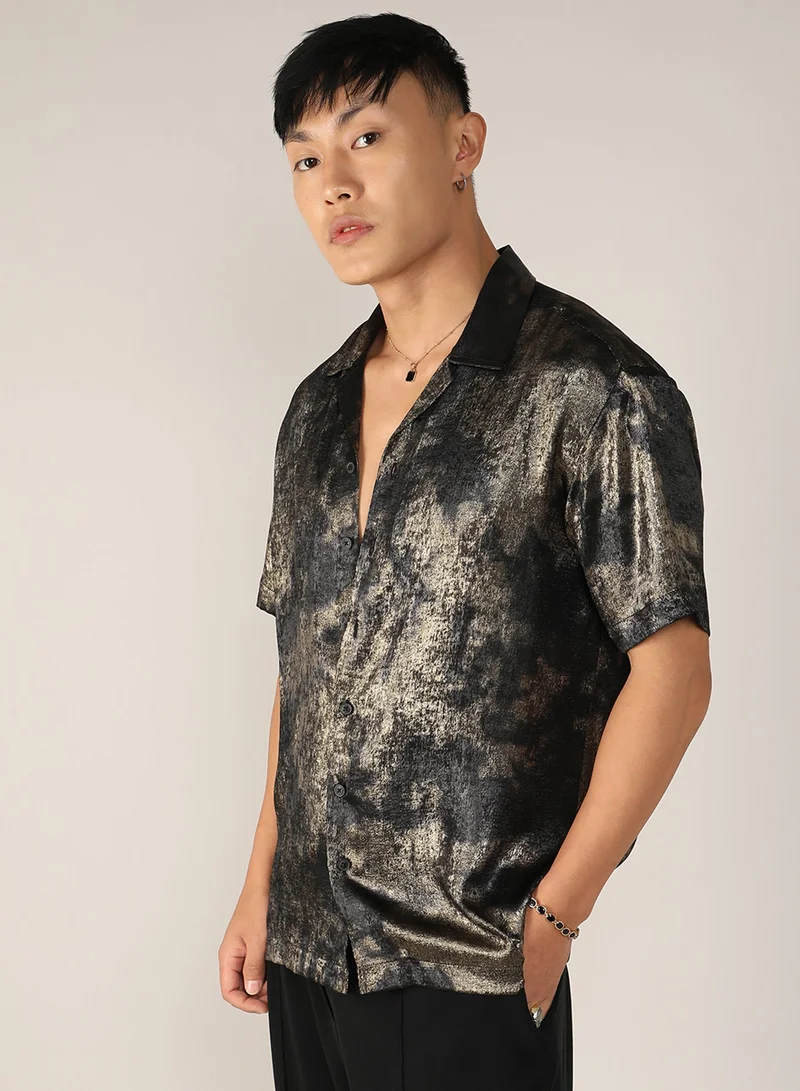 CAHOOT  Men's Midnight Black & Metallic Gold Metallic Ombre Shirt For Casual Wear | Cuban Collar | Short Sleeve | Button Closure | Shirt Crafted With Comfort Fit For Everyday Wear for Men | Best Price UAE