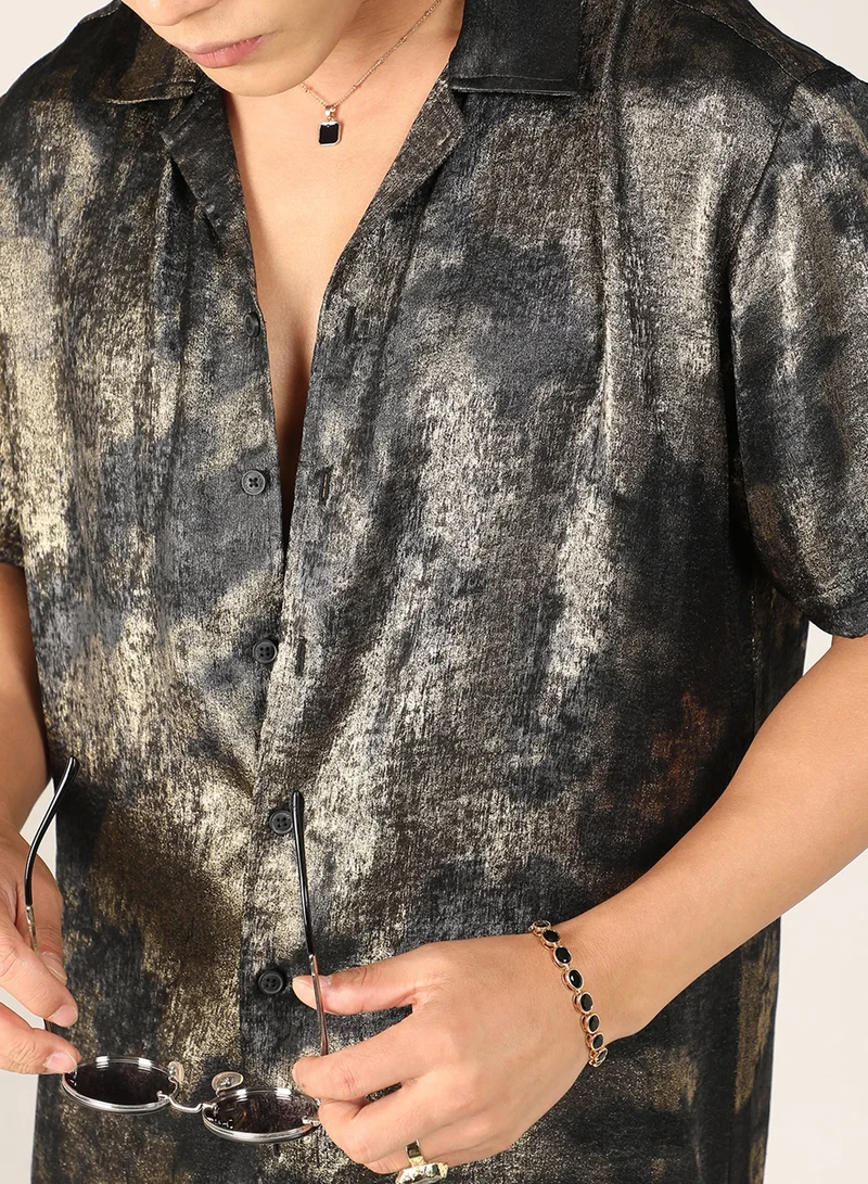 CAHOOT  Men's Midnight Black & Metallic Gold Metallic Ombre Shirt For Casual Wear | Cuban Collar | Short Sleeve | Button Closure | Shirt Crafted With Comfort Fit For Everyday Wear for Men | Best Price UAE