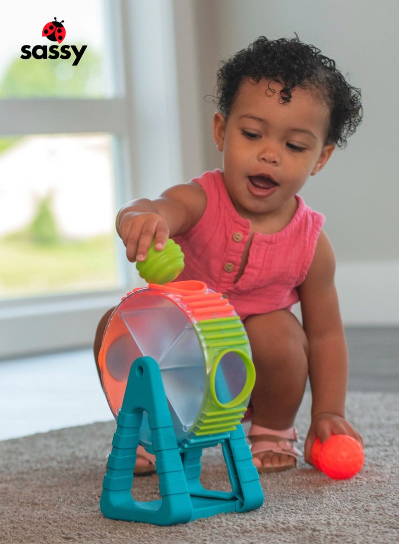Sassy Spinning Wonder Wheel Ball Drop Toy for Babies | Floor Play & Color Sorting STEM Activity | Textured Balls for Sensory Learning | Infant Toddler Toy | 25 x 15 x 16 CM - Image 2