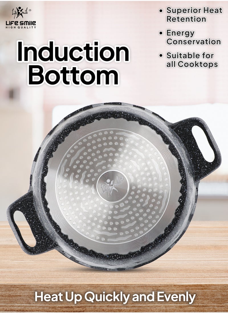 Life Smile - LIFE SMILE Shallow Pots Set with Lid | 100% PFOA FREE | Non Stick Granite Coating Frying Pans set | Oven Safe | Double Handle (Black (Induction Base), 20/24/28 CM) - Image 1