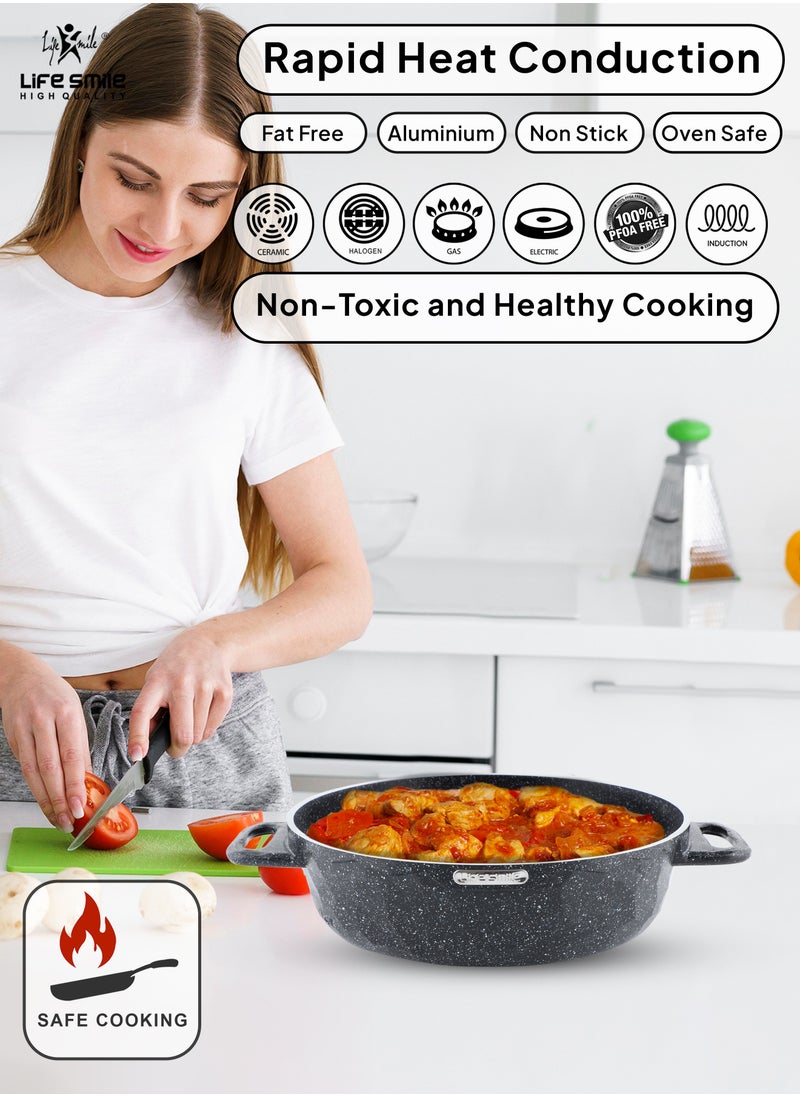 Life Smile - LIFE SMILE Shallow Pots Set with Lid | 100% PFOA FREE | Non Stick Granite Coating Frying Pans set | Oven Safe | Double Handle (Black (Induction Base), 20/24/28 CM) - Image 1