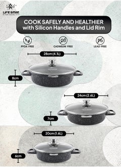 Life Smile LIFE SMILE Shallow Pots Set with Lid | 100% PFOA FREE | Non Stick Granite Coating Frying Pans set | Oven Safe | Double Handle (Black (Induction Base), 20/24/28 CM)  - Image 4