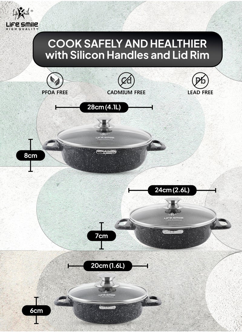 Life Smile - LIFE SMILE Shallow Pots Set with Lid | 100% PFOA FREE | Non Stick Granite Coating Frying Pans set | Oven Safe | Double Handle (Black (Induction Base), 20/24/28 CM) - Image 1