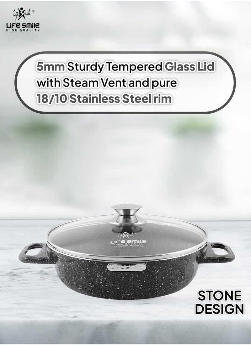 Life Smile - LIFE SMILE Shallow Pots Set with Lid | 100% PFOA FREE | Non Stick Granite Coating Frying Pans set | Oven Safe | Double Handle (Black (Induction Base), 20/24/28 CM) - Image 1