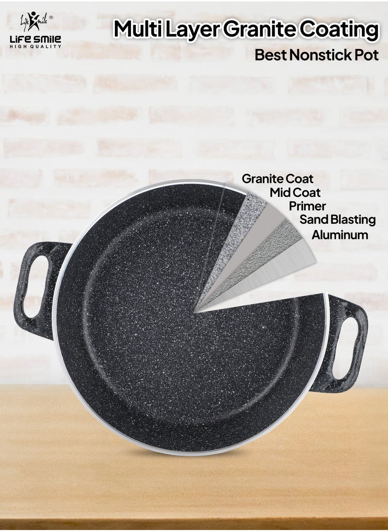 Life Smile - LIFE SMILE Shallow Pots Set with Lid | 100% PFOA FREE | Non Stick Granite Coating Frying Pans set | Oven Safe | Double Handle (Black (Induction Base), 20/24/28 CM) - Image 1