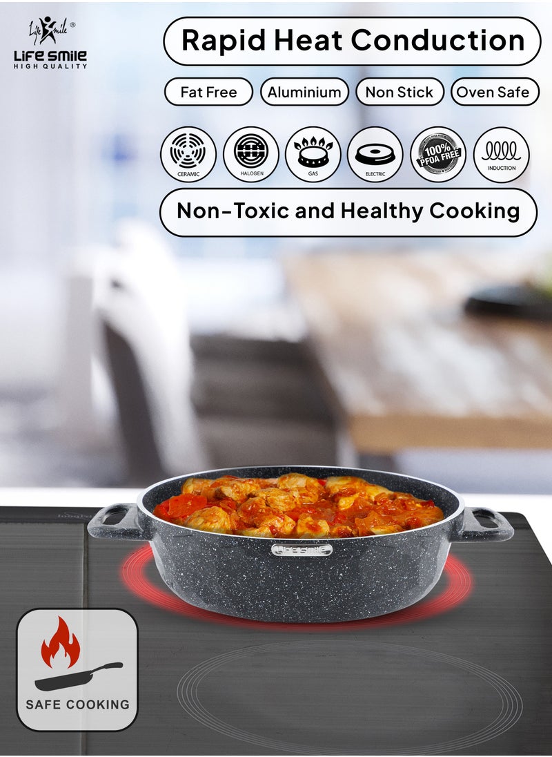 Life Smile - LIFE SMILE Shallow Pots Set with Lid | 100% PFOA FREE | Non Stick Granite Coating Frying Pans set | Oven Safe | Double Handle (Black (Induction Base), 20/24/28 CM) - Image 1