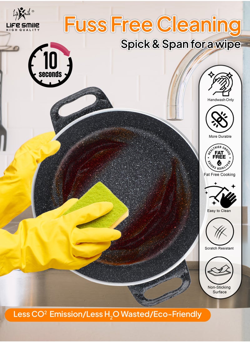 Life Smile - LIFE SMILE Shallow Pots Set with Lid | 100% PFOA FREE | Non Stick Granite Coating Frying Pans set | Oven Safe | Double Handle (Black (Induction Base), 20/24/28 CM) - Image 1