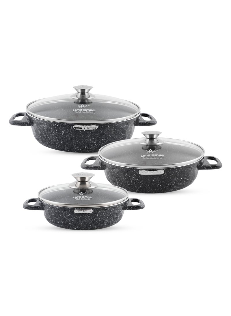 Life Smile - LIFE SMILE Shallow Pots Set with Lid | 100% PFOA FREE | Non Stick Granite Coating Frying Pans set | Oven Safe | Double Handle (Black (Induction Base), 20/24/28 CM) - Image 1