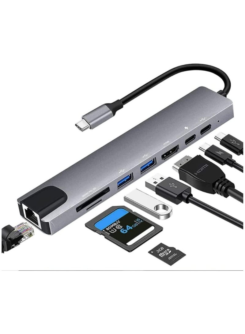 Type C to HDTV 8 in 1 Adapter HDMI PD 2 USB SD TF Rj45 Compatible with Linux, Windows XP, Windows Vista, Chrome OS, Windows 10  - Image 1