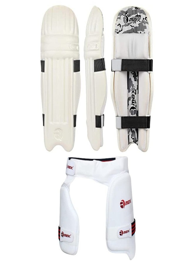 RMAX EVA and Cotton Cricket Batting Leg Guard Pad & Lower Body Protector Thigh Guard Full Size, Light Weight Batting Leg Guards/Thigh Senior/Men's/Teen's/Adult Size (White + Thigh) - Image 1