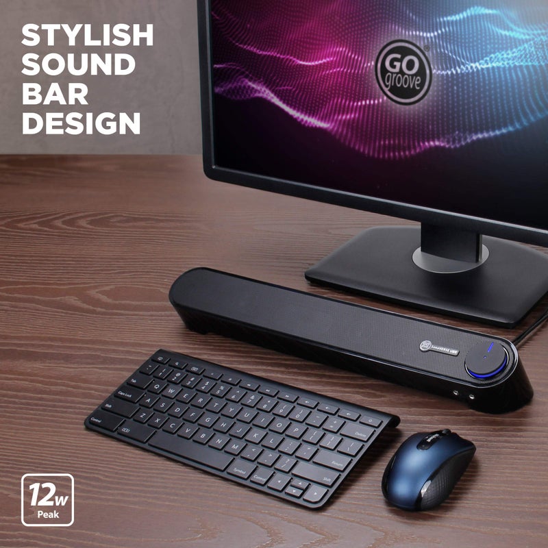 GoGroove مكبر صوت كمبيوتر GOgroove ميني ساوندبار - بار صوتي يعمل بالطاقة عبر USB مع إعداد سهل، AUX سلكي، صوت ستيريو، منفذ ميكروفون، مقبض تحكم في الصوت، تصميم تحت الشاشة لسطح المكتب (أسود) - Image 2
